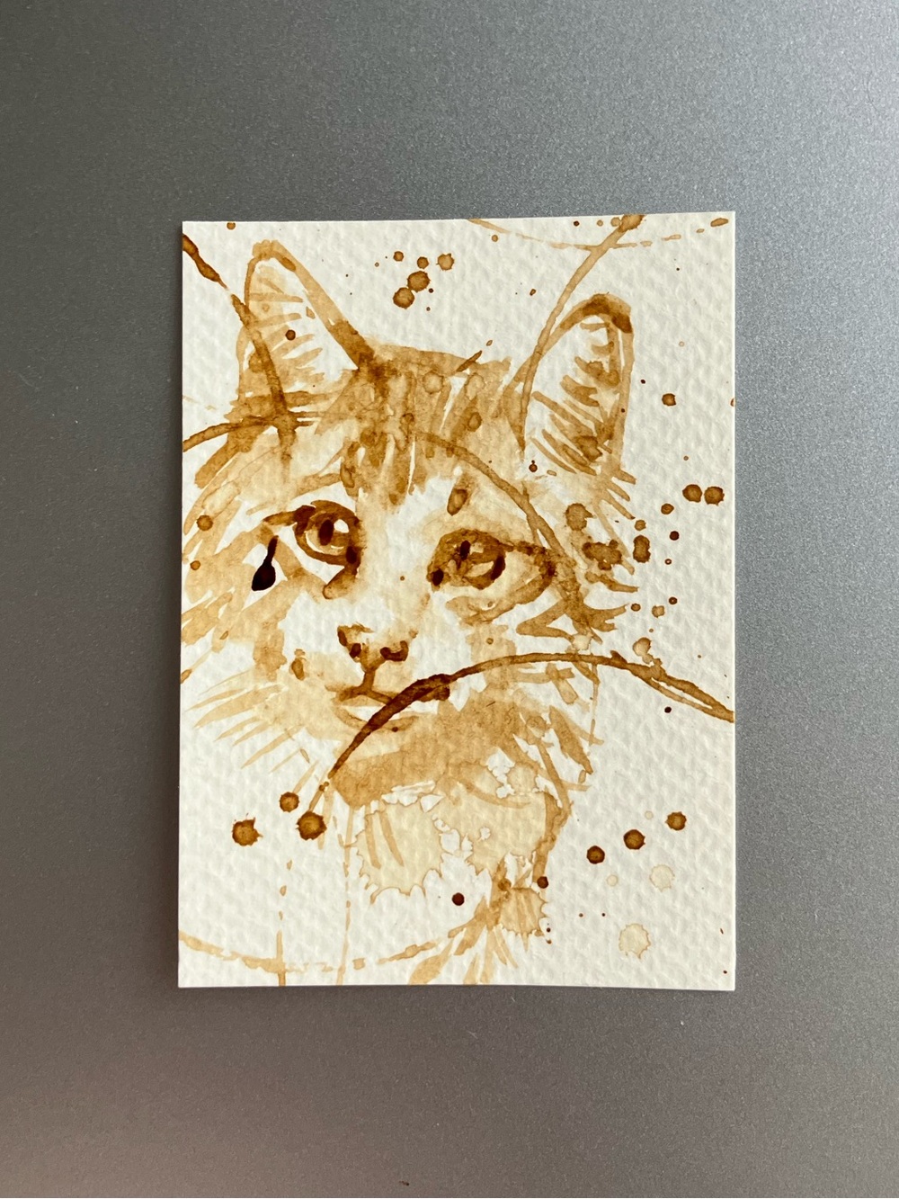 ORIGINAL coffee cat painting tabby feline art miniature realism aceo artwork